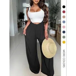 Women's Drawstring Tie Back Wide Leg Pocket Suspender Pants Casual Loose Jumpsuit Summer, Fitted Black Overalls Womenswear(Sheets)