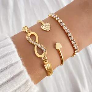 3pcs 18K Gold Plated Women's Bracelet Set | Rhinestone Infinity Symbol + Tennis Chain + Open Bangle, Fashionable & Elegant, Versatile for Daily Wear, Eye-Catching for Parties, Thoughtful Gift for Girlfriend, High-Quality Set