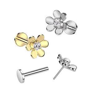 20G/18G/16G Flower Flat Back Earring • Push Pin Labret • Threadless Flat Back Stud • Tragus Piercing • Helix Stud • Cartilage Stud • Gold • Silver • Flower Earring