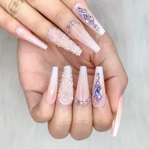 Glossy Nude White French Tip Press on Nails - 24Pcs Long Coffin Ballerina Shape with Bling Rhinestones, Reusable Full Cover Acrylic False Nails for Women & Girls