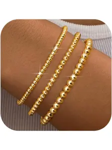 Gold Bracelet for Women Dainty 18K Gold Plated Bead Bracelet Stack Set Stretchable Elastic Gold Beaded Bracelet Waterproof Gold Tennis Bracelet Adjustable Bracelets Gold Jewellery Set Stackable Bracelet