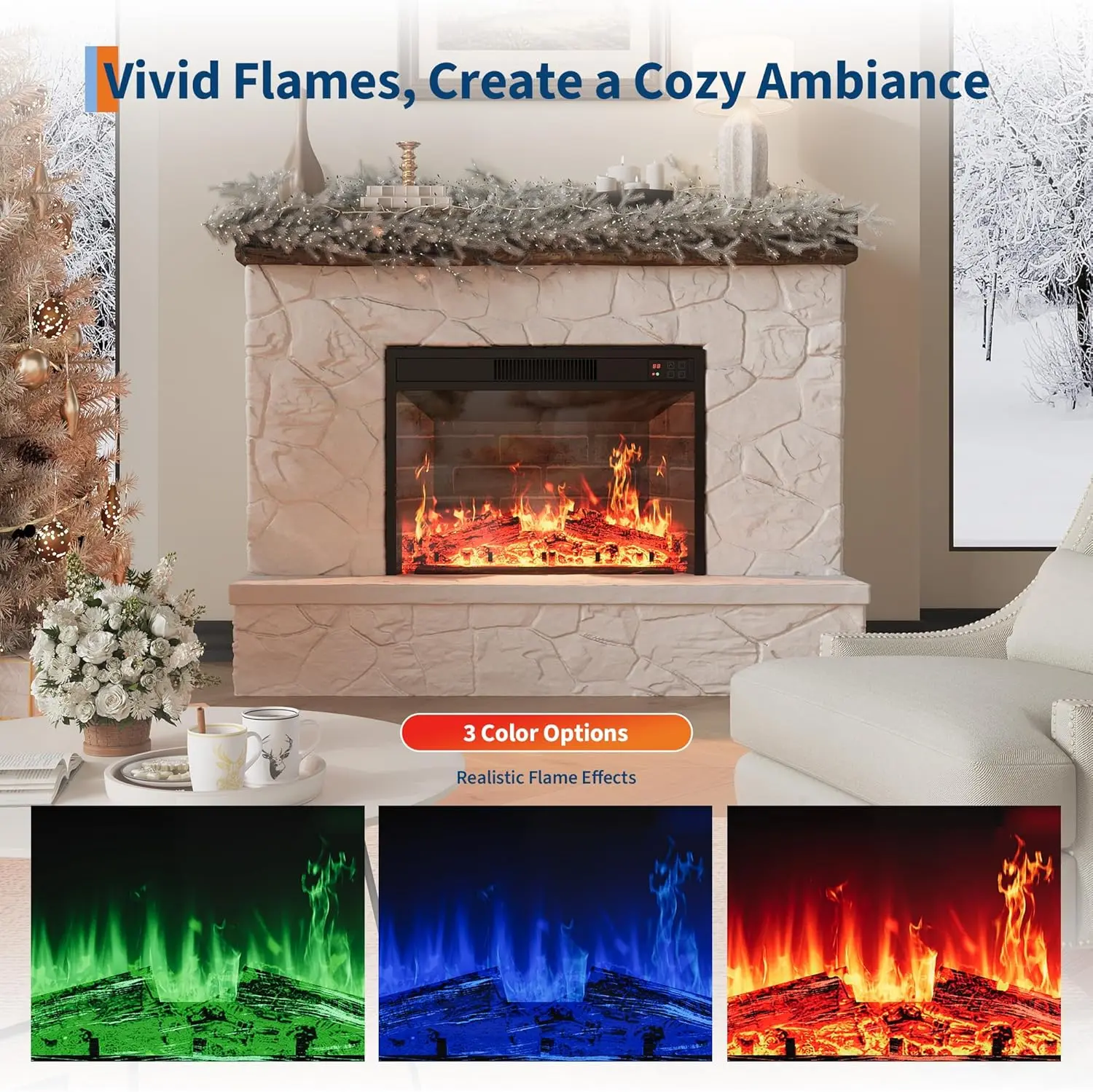 【Christmas Gift】23 in Electric Fireplace Wall Mounted/Recessed with Remote Control, 4.2 in Ultra-Thin Linear Fireplace Heater 750W/1500W with Timer, 12-Color Flames, Log & Crystal Options