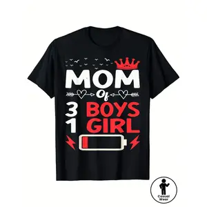 Mom of 3 Boys and 1 Girl Battery Graphic Tee - MOM OF 4 Print, Casual Round Neck T-Shirt for All Seasons, Lightweight & Breathable, Perfect Mother'S Day Gift