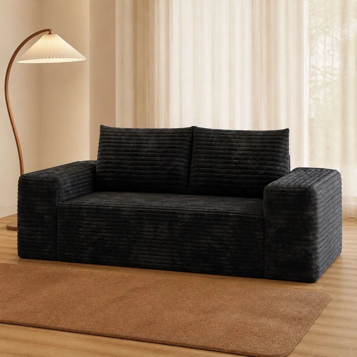 63-in Black Seamless Modular 2-Seater Sofa - Wide Corduroy Stripes, Deep Seat Memory Foam Cloud Design, Wide Armrests, Dual Backrests, No Assembly Required, Ideal for Small Apartment Living Rooms & Bedrooms