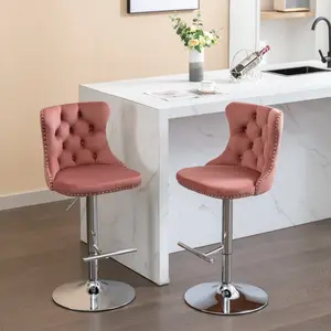 Velvet Bar Stool Set of 2, Adjustable Swivel Bar Stools with Silver Plated Metal Leg, Button Tufted, Footrest, Chrome Nailhead, Counter Height Chair for Kitchen,Dining Room (Pink)