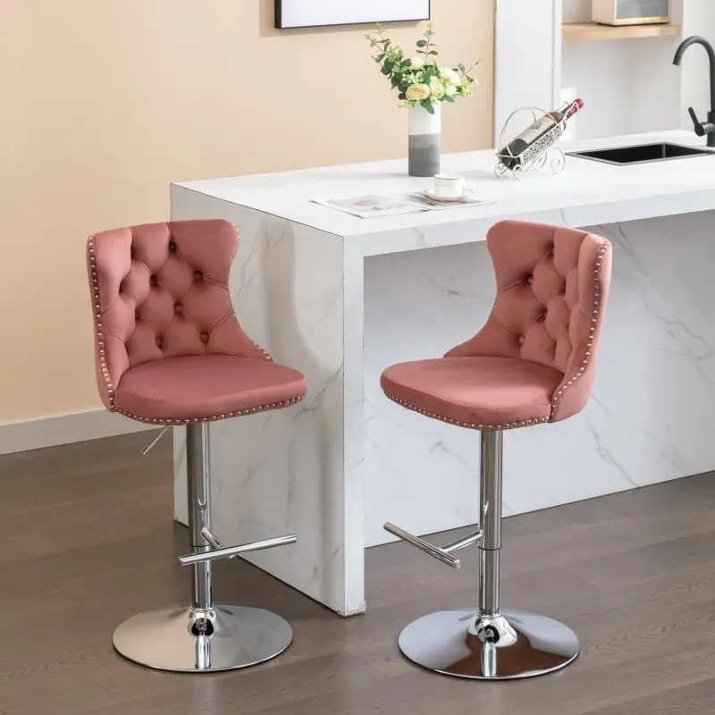 Velvet Upholstery Bar Stool Set of 2, Adjustable Swivel Counter Height Chairs with Silver-Plated Metal Legs, Button Tufting, Footrest, Chrome Nailheads for Kitchen, Dining Room (Pink)