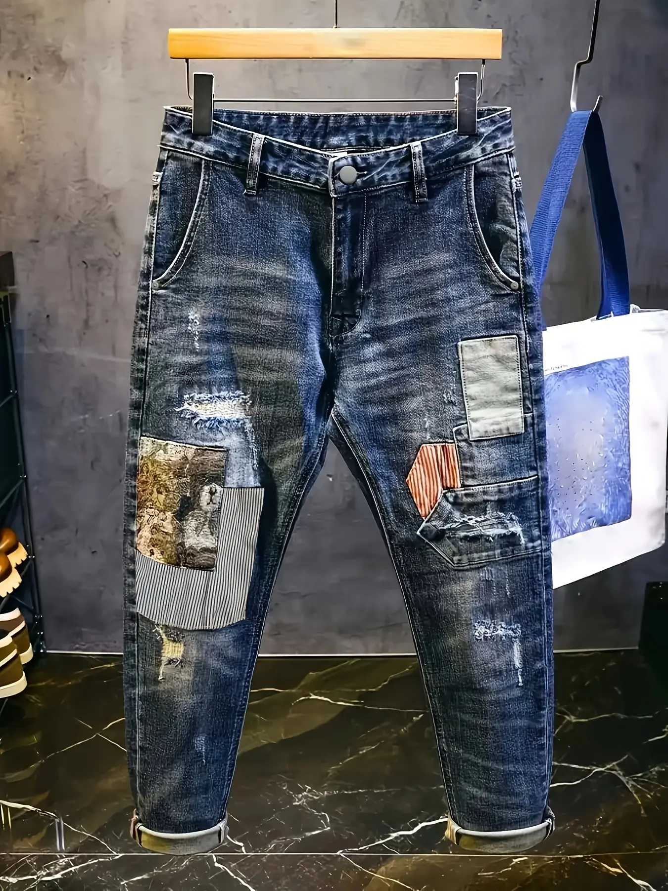Clean Gent men’s casual denim long pants, cotton fabric that is skin-friendly, breathable, sweat-wicking, comfortable, and soft; patchwork design, suitable for everyday wear and outdoor activities, Father’s Day gift.