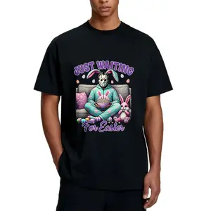 100% pure cotton Halloween Horror Easter Theme Men's T-Shirt With Jason Voorhees Bunny Costume And Easter Eggs Print For Spring Season Gift For Halloween Fans And Easter Enthusiasts