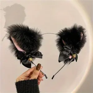 Anime Cosplay Set for Women 3-Piece Faux Fur Cat Fox Ear Headband with Fluffy Tail PU Leather Bell Choker Halloween Party Costume