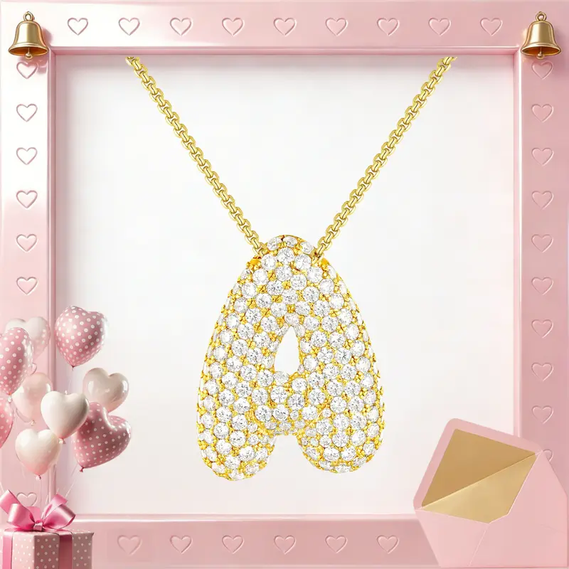 KissYan Bubble Letter Necklace, 14K Gold Plated Balloon Initial Pendant Box Chain Necklace Dainty Pave CZ Jewelry Gift For Women Valentine's Day Gifts