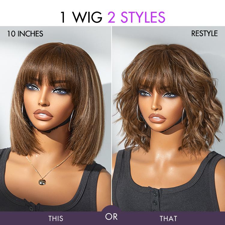 Exclusive Sale | Put On and Go Reddish Purple / Brown Highlight / Natural Black Layered Cut Yaki Straight Minimalist Lace Bob Wig with Bangs