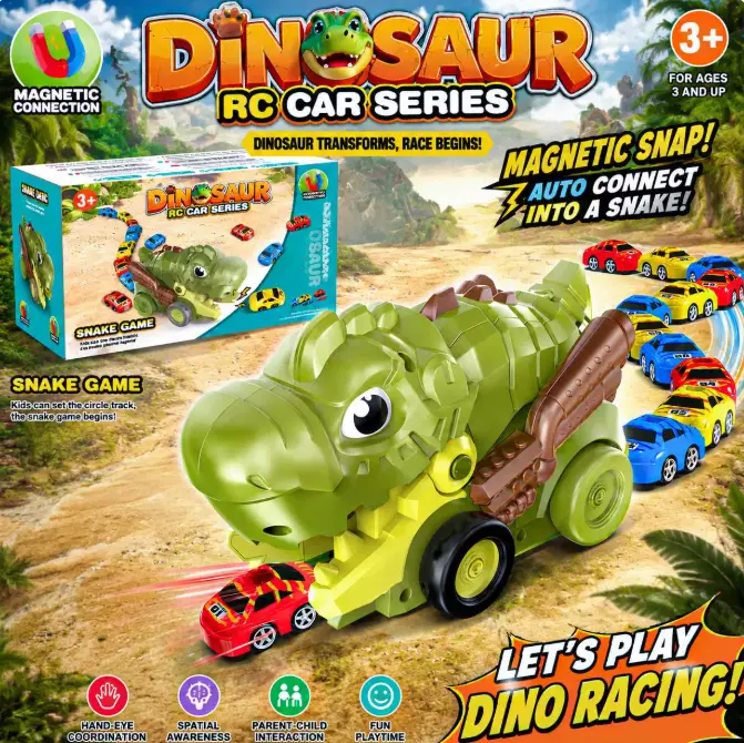 Dinosaur RC Car Set with 6 Mini Racing Cars – Magnetic Auto-Connect Snake Track Toy for Kids