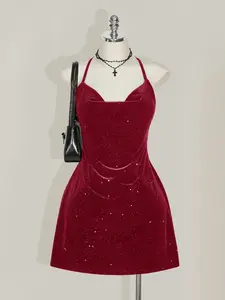 Women’s Plus Size Velvet Mini Dress, Ruched Waist Back Detail, Evening Dress