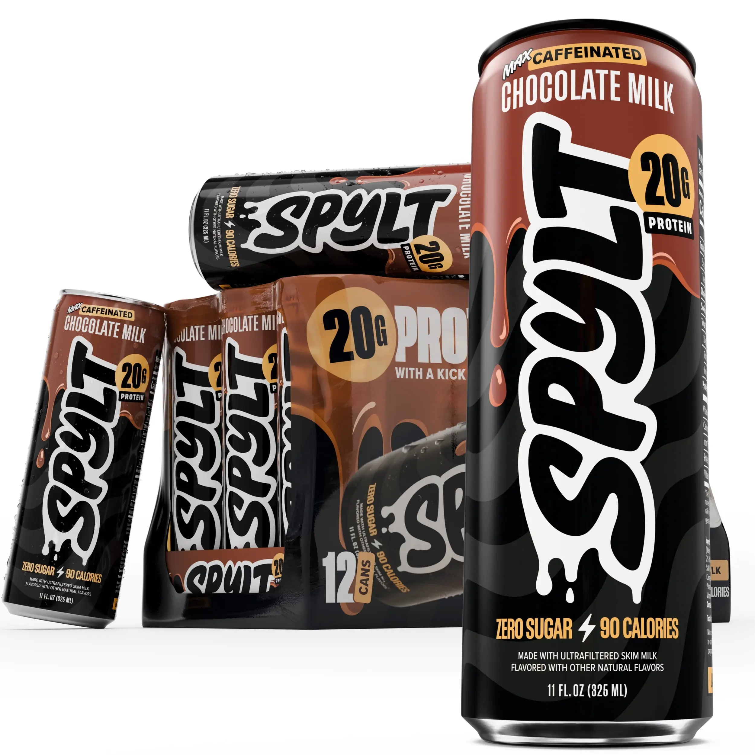 SPYLT High Protein Milk, MAX Chocolate, 20g Protein, 140mg Caffeine, Sugar Free, 11 fl oz, 12 Cans - PACKAGING MAY VARY