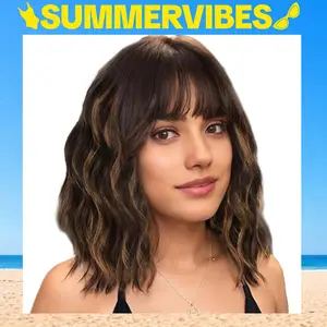 【Flash Sale】SummerVibes AISI HAIR 16 inch short Curly Bob Wig with Bangs Natural Brown with Blonde Highlight Short Wavy Bob Hair Wigs for Women Natural Looking Heat Resistant Synthetic Soft Hair Synthetic Wigs
