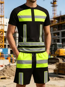 Men's Summer Safety Workwear Set, Breathable Fluorescent Short Sleeve Shorts Two-Piece Kit, Pockets, Drawstring Waist, Gift Idea