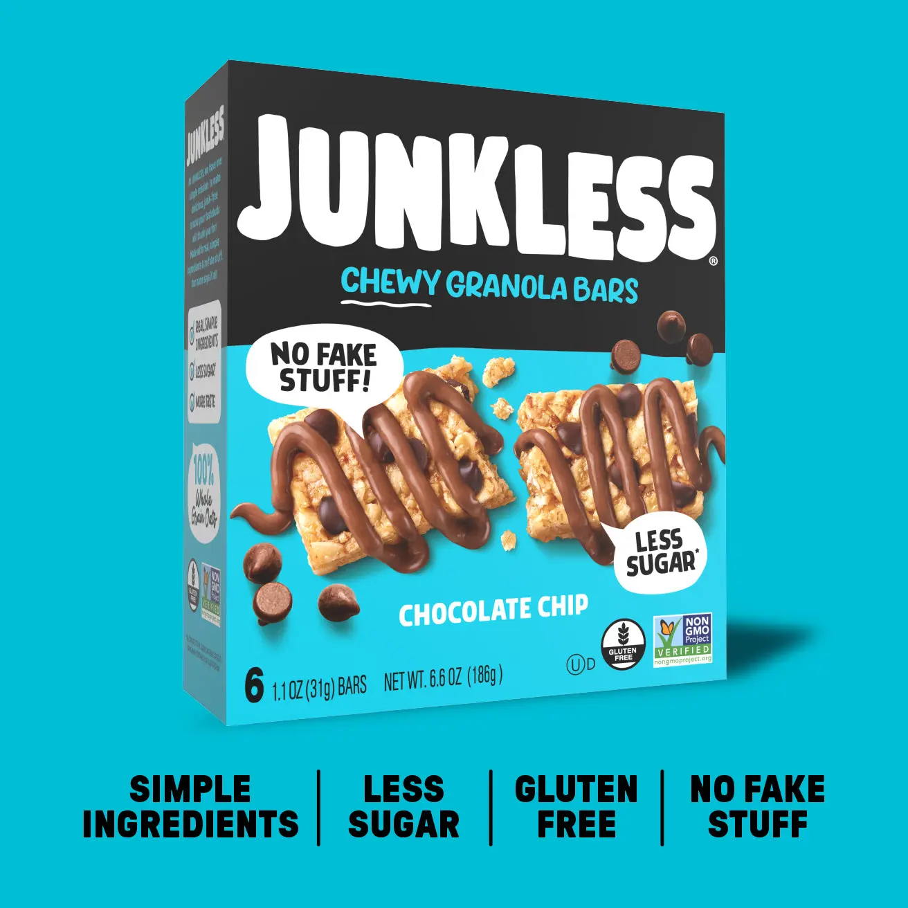 JUNKLESS Chewy Granola Bars Chocolate Chip Simple Ingredients Less Sugar Gluten Free No Fake Stuff