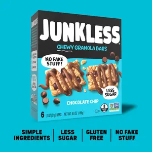 JUNKLESS Chewy Granola Bars Chocolate Chip Simple Ingredients Less Sugar Gluten Free No Fake Stuff
