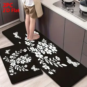 2/3PCS Flannel Kitchen Mat Set, Base Floral Butterfly Print, Non-Slip Waterproof, Ideal for Bathroom Laundry Hallway, Flower Pattern Rugs