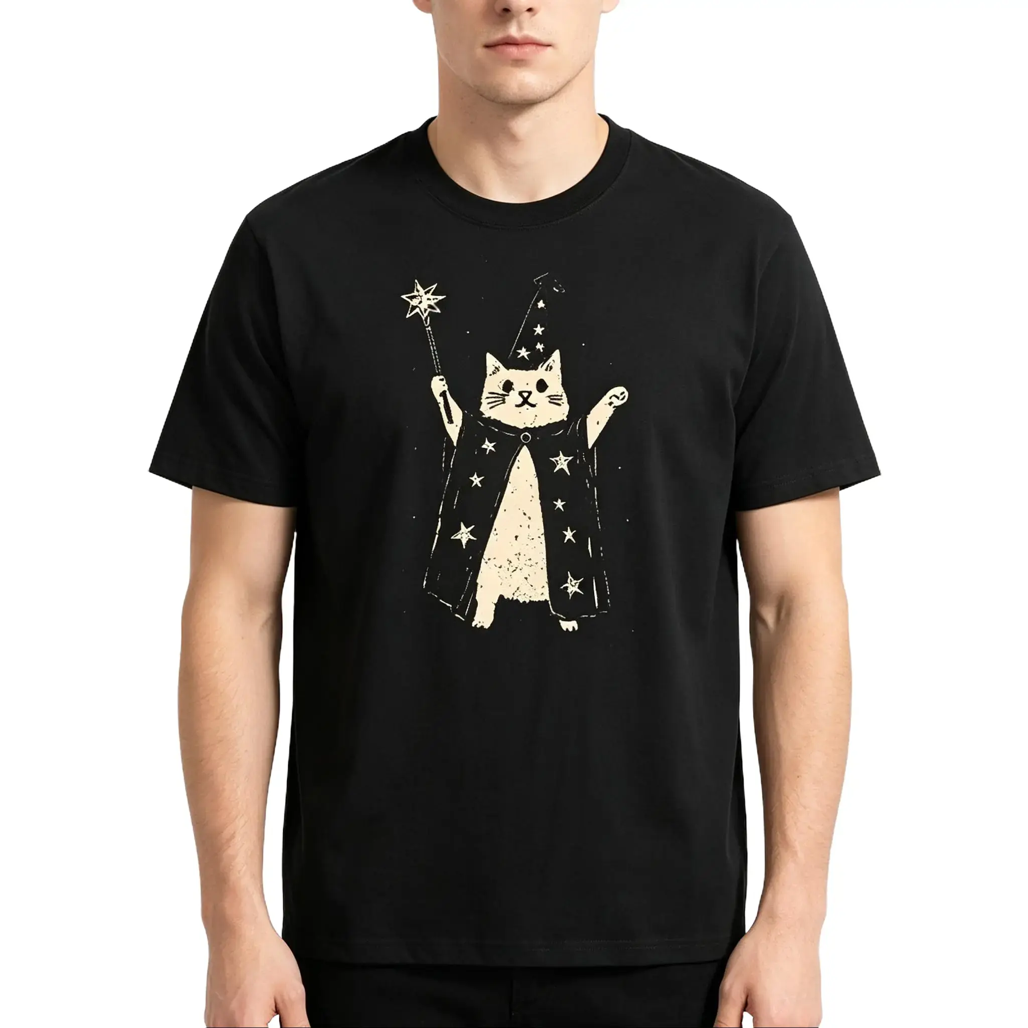 Cute Wizard Cat Black T-Shirt - Soft Vintage Print For Cozy Daily Wear, Perfect For Cat Lovers Who Adore Magical Aesthetic good graphic tees funny meme