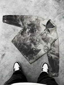 Men's Vintage Oil Painting Print Lapel Jacket, Artistic Design, High-End Color, Unisex Casual Long Coat