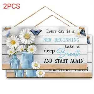 2PCS  Buy One Get One Free Inspiring Wooden Wall Plaque-"Every Day Is A New Beginning Take A Deep Breath And Start Again",Ideal Gift,Wooden Hanging Signs,Wooden Decorative Signage