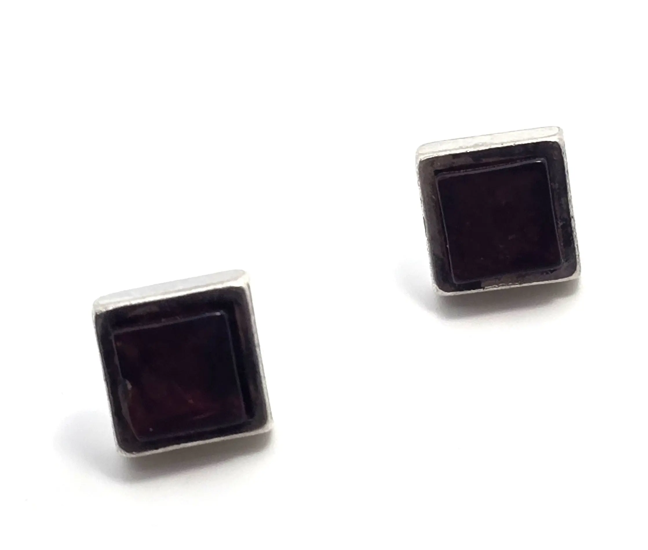 Synthetic garnet Princess cut sterling silver stud earrings