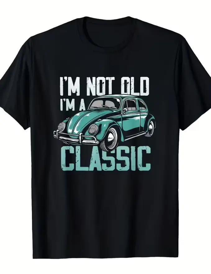 Men's Vintage 1960s Muscle Car T-Shirt - Retro "I'm Not Old I'm a Classic" Graphic Tee with Teal Print, Soft Breathable Short Sleeve Round Neck Casual Shirt Suitable for Car & Casual Attire, Classic Auto Apparel
