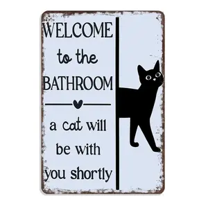 "Welcome To The Bathroom, A Cat Will Be With You Shortly" Funny Metal Sign - Retro Cat Bathroom Wall Art 8x12 Inch - Vintage Aluminum Poster For Decor & Restroom Wall Art