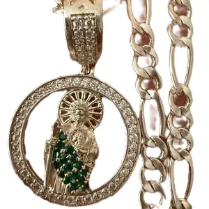 Authentic 925 Sterling Silver St Jude Medal figaro style Chain Size Medalla de San Judas Tadeo Plata 925 Mexicana Solida 100% Original Cadena Figaro " Dije Redondo Zirconia Unisex
