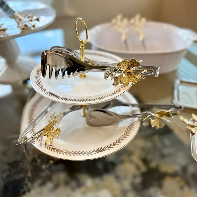 Jasmine Floral Gold Serving Spoons Set with Butterfly Tongs 10 Pieces for Holiday Gatherings and Special Occasions Cutlery Tableware Elegant Design