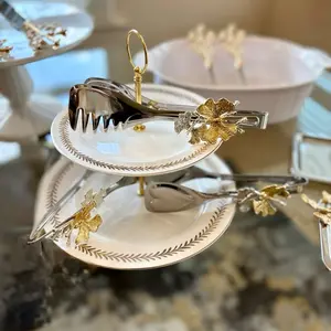 Jasmine Floral Gold Serving Spoons Set with Butterfly Tongs 10 Pieces for Holiday Gatherings and Special Occasions Cutlery Tableware Elegant Design