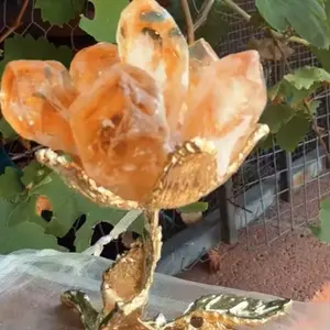 Citrine Natural Flower Cluster with Gold Leaf. Large Natural Crystal for Home Décor & Meditation