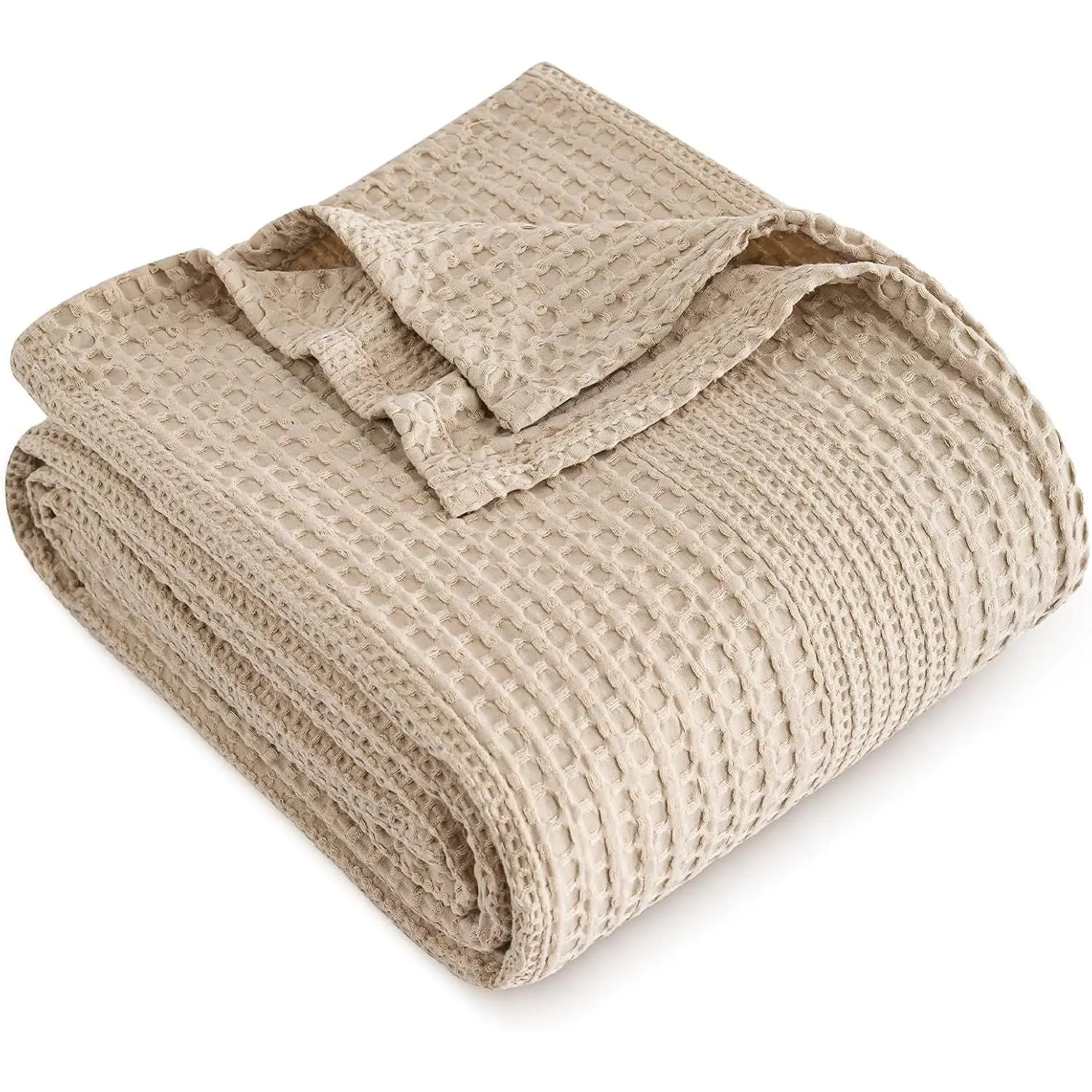 Geometric Waffle Weave Blanket - Queen Size (90x90in), Lightweight, Ultra Soft, Thin, Breathable, Durable, Long-Lasting Shape, Modern, Machine Washable, Home Bed Decor, Giftable, Avoid Chlorine-Based Detergents, Light Tan