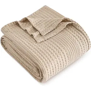 Lightweight Waffle Weave Blanket Queen Size, Breathable & Ultra Soft, 90"x 90" Soft & Cozy Thin Blanket, Perfect for Summer & Hot Sleepers, Bed, Home Decor - Light Tan