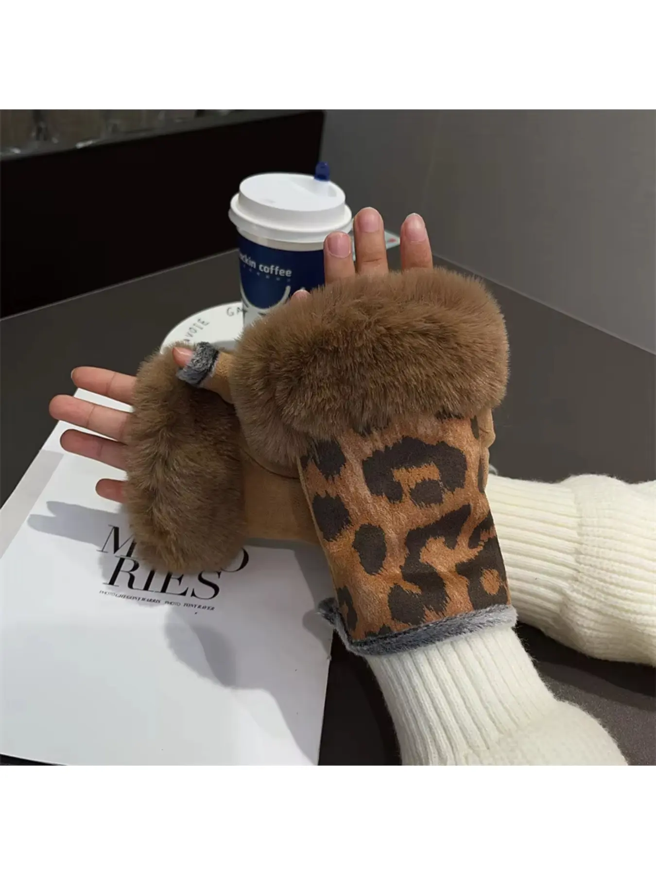 Fingerless gloves winter cute thickened student cold-proof leopard print trendy fluffy gloves