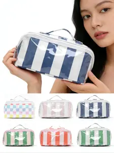 High-Value Striped Storage Bag, Large Capacity Cosmetic Organizer, Portable Handheld Makeup Bag, Lightweight Design, Durable Fashionable, Travel Cosmetic Bags