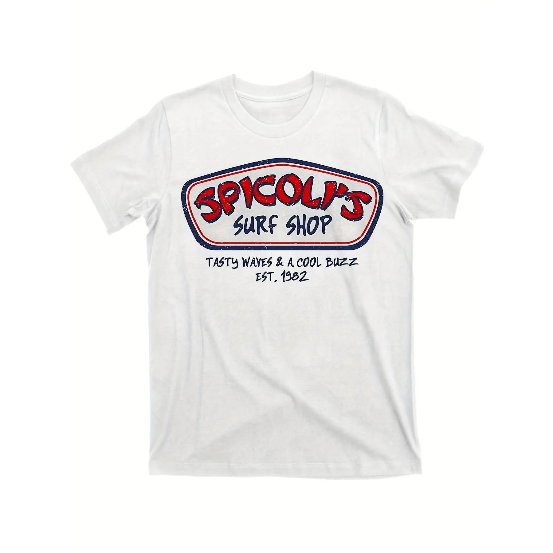 Men's Shortsleeve Cotton Tshirt - Spicoli's Surf Shop 1981 Vintage Logo, Round Neck, Street Style, Unisex Streetwear, "Taste the waves and follow the trend" Slogan, Machine Washable Casual Top, American Father's Day Funny Gift Idea