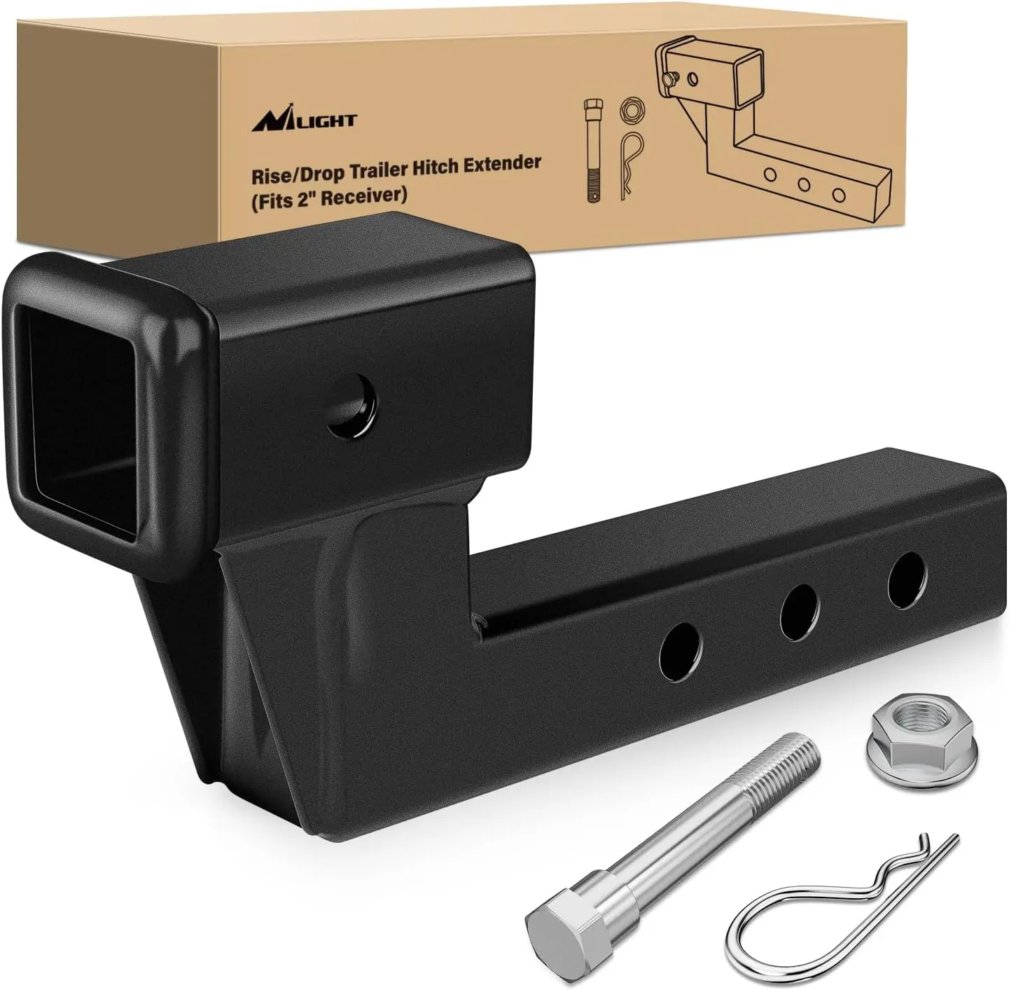 Nilight 2-Inch Receiver Trailer Hitch Extension Riser, 4" Rise/Drop, 7500 lbs GTW, Adjustable 5"/7"/9" Lengths, Sturdy Steel, Bolt-Nut Clip Included, Matte Black Powder Coated Towing Accessory, 7,500 Pounds Gtw