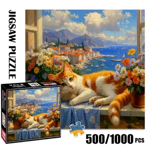 1pc 1000 piece adult puzzle 58x58cm Orange - white Cat, Flower Pots, Coastal Town and Sea View500 pieces of paper puzzle, suitable for adults and families, large-scale DIY puzzle interactive toy