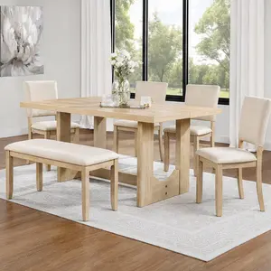 ARCH 6 Piece Dining Table Set with Bench and 4 Upholstered Chairs, Wooden Rectangular Kitchen Table Set for Dining Room, Light Oak & Beige, Seats 6, U-Shaped Base, MDF and Rubber Wood, 57x35.5x30 Inches, Light Oak Color Options, Color: Light Oak