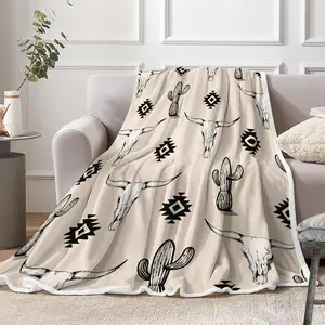 Boho Beige Throw Blanket, Bohemian Geometric Southwestern Bull Skull Warm and Cozy Fleece Throw Blanket for Bed, Couch, Aztec Tribal Cactus Farmhouse Travel Camping Blanket, 50X60in