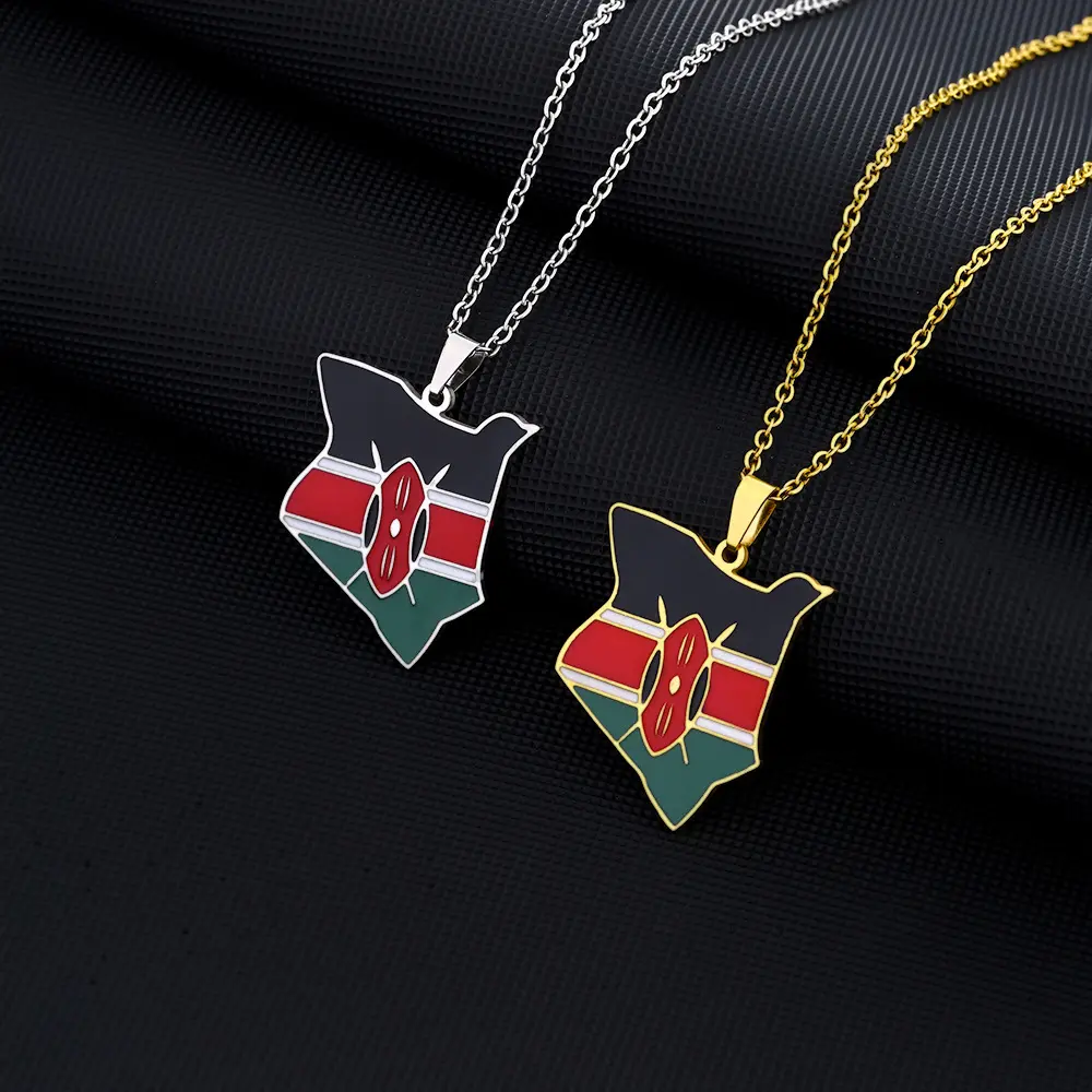 Ethnic Kenya Map Pendant Necklace - Unisex Titanium Steel Jewelry with Flag Color Inlay, Patriotic Ethnic Gift for Adults