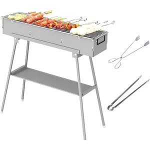 Portable Easy-Fold Stainless Steel Barbecue Grill - 330 lb Capacity, Foldable Stand, Adjustable Air Vents, Carbon Plate, Ash Discharge Port, Kebab Skewer Kit for Camping Campfire BBQ Party, Backyard (31.6x7.1in)