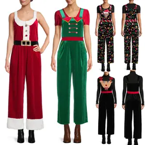 Christmas Overall Jumpsuit for Women Spaghetti Strap Sleeveless  Velvet Wide Leg Santa Claus Romper Novelty Xmas Playsuit Holiday Costume