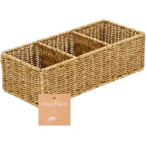 Wicker Basket With 3 Compartments, For Toilet  Paper Rolls, Hand Woven Bathroom Countertop Organizer, Bedroom Organization, 1 count, Tan