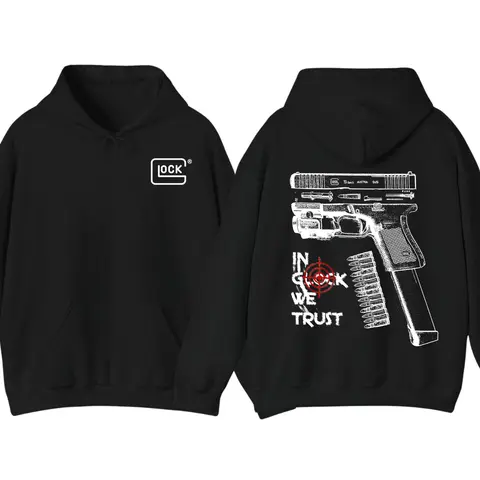 In Glock We Trust 2-Sided Hoodie, Graphic Gun Enthusiast Pullover, Cotton Streetwear Hooded Sweatshirt, Aesthetic Biker Style Casual Apparel