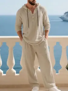 2026 Men's High-Quality Linen Hooded Two-Piece Set, Casual Loose Fit Breathable Fabric Long-Sleeve Blouse & Wide Leg Pants for Beach Vacation