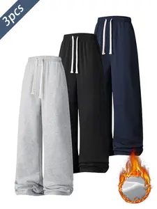 3pcs Men's Fleece Lined Solid Color Sweatpants with Drawstring, Casual Thick Pants, Perfect as Gifts & Essential for Autumn Winter Warmth