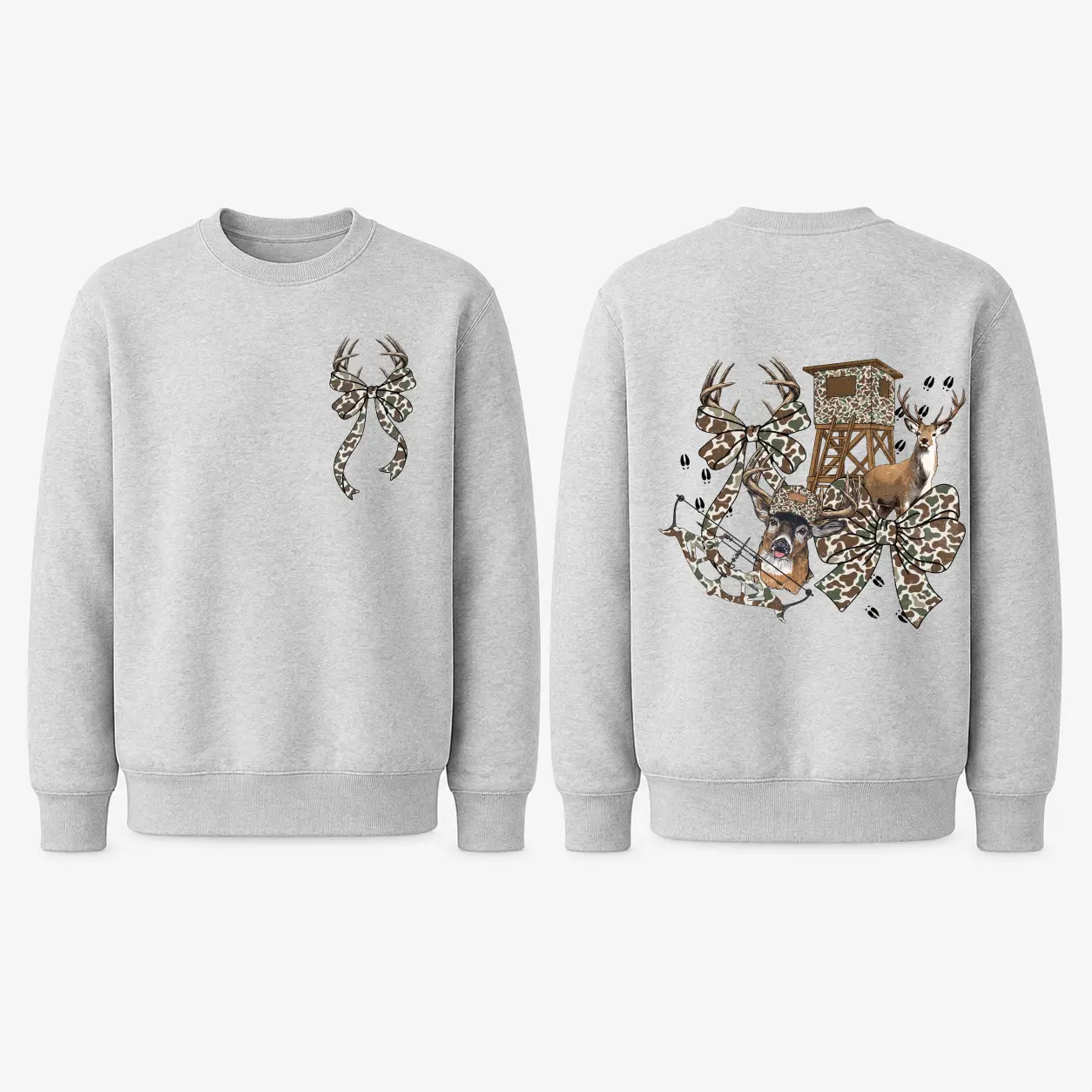 Camo Deer Hunting Sweatshirt, Vintage Deer Graphic Crewneck, Bow Hunting Pullover, Two-Sided Buck Design, Hunting Gift for Women